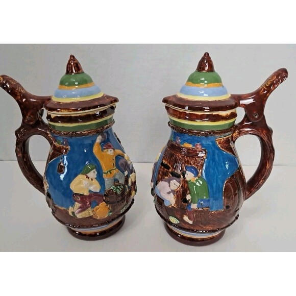 Pair of Holland Mold Bar Fight Ceramic Beer Stein Hand Painted Vintage MF 1972 - Picture 1 of 15